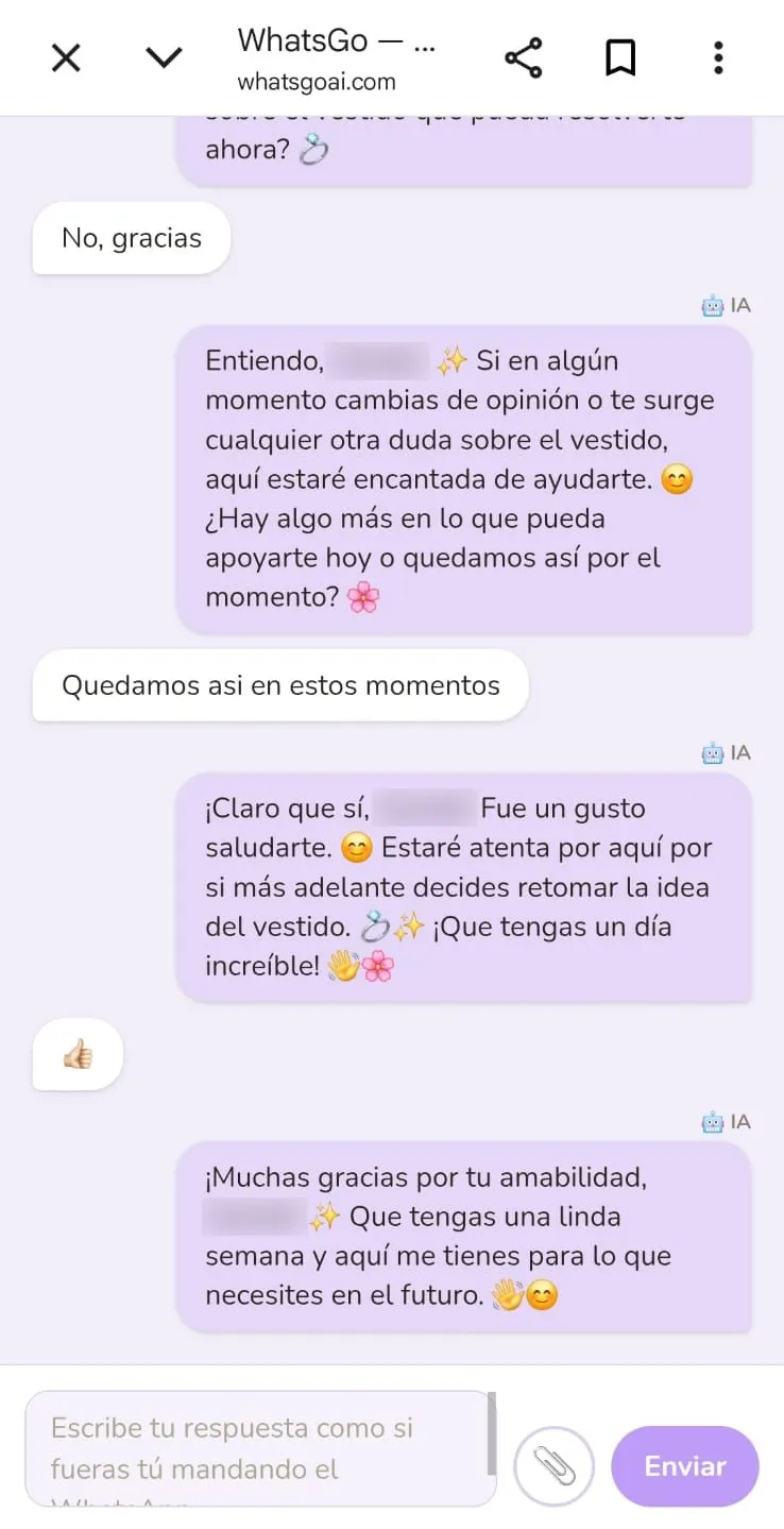 Captura real de WhatsGo: Cierre cordial