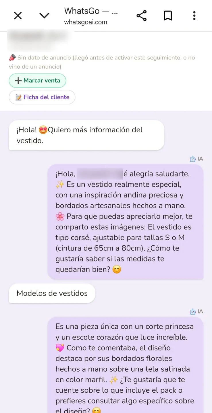 Captura real de WhatsGo: Otro rubro: ropa artesanal
