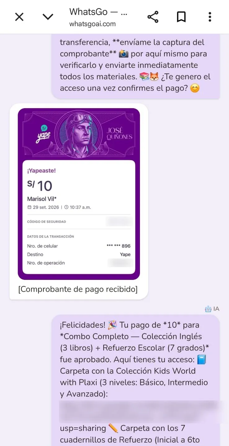 Captura real de WhatsGo: Pago verificado con Yape