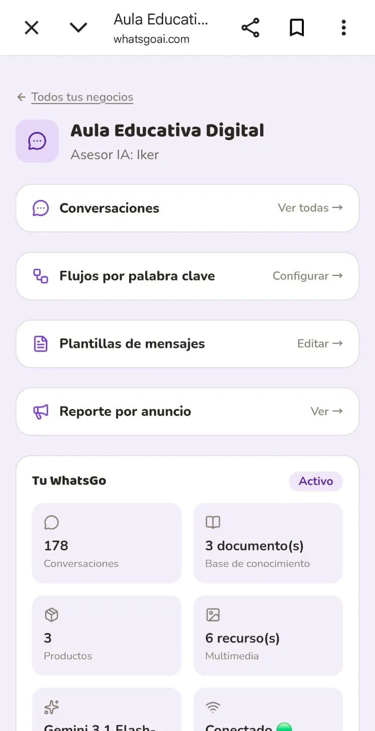 Captura real de WhatsGo: Tu panel de control